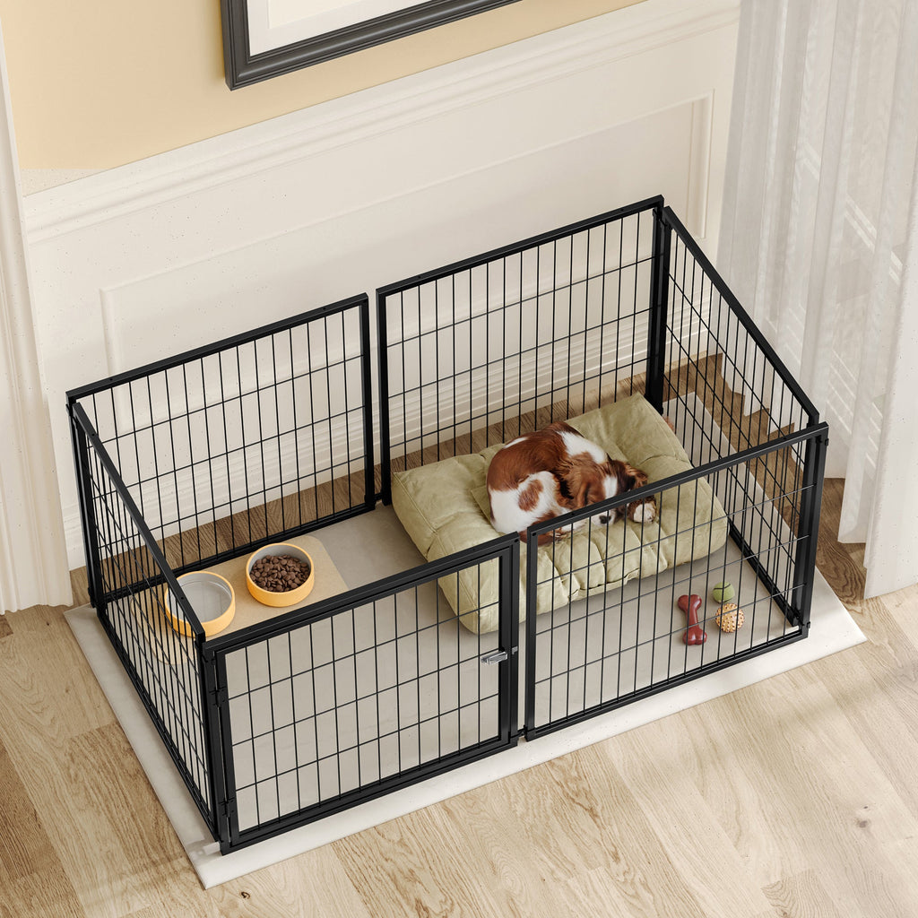 Black modular indoor dog kennel — covered kennel in room