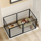 Black modular indoor dog kennel — covered kennel in room