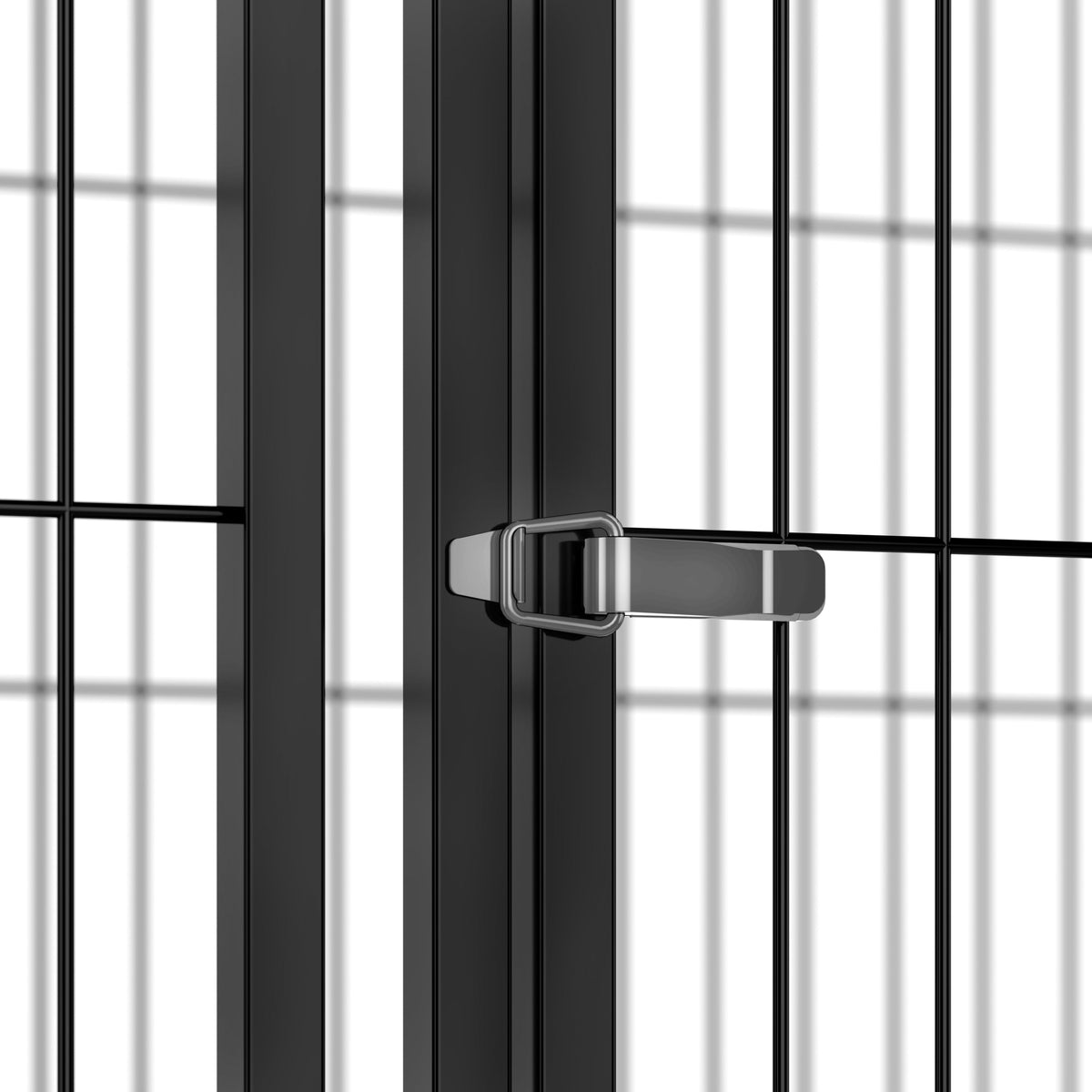 Black modular indoor dog kennel — door latch