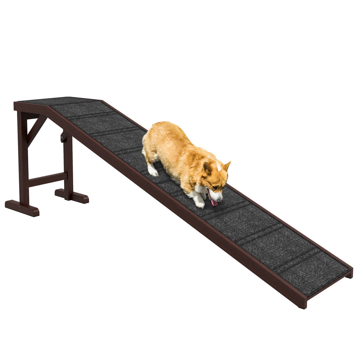 Brown wooden pet ramp with dog