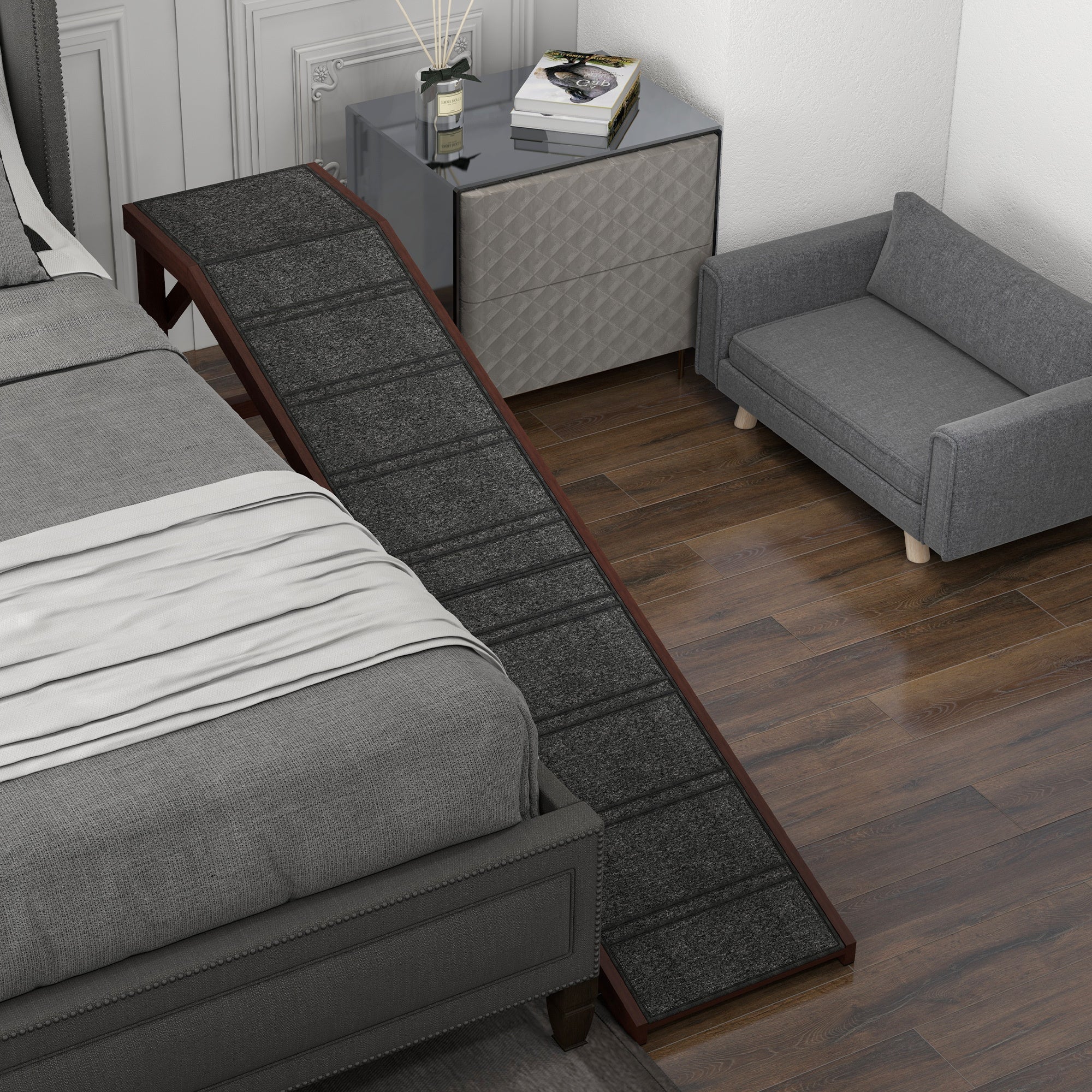 Wooden Dog Ramp for Beds with Non-Slip Carpet, Top Platform and Pine Frame – Brown W2225P173809 Secondary image