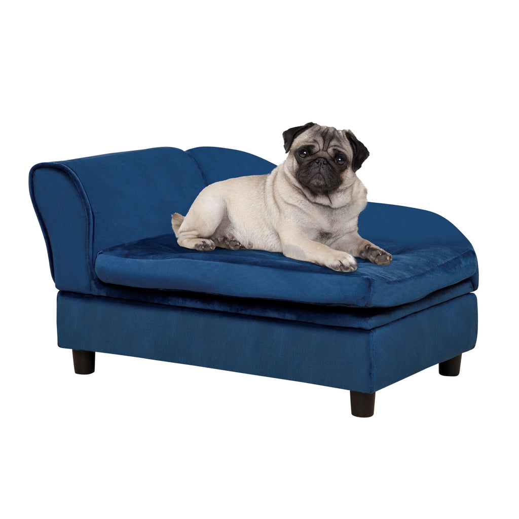 Blue storage pet sofa with small dog
