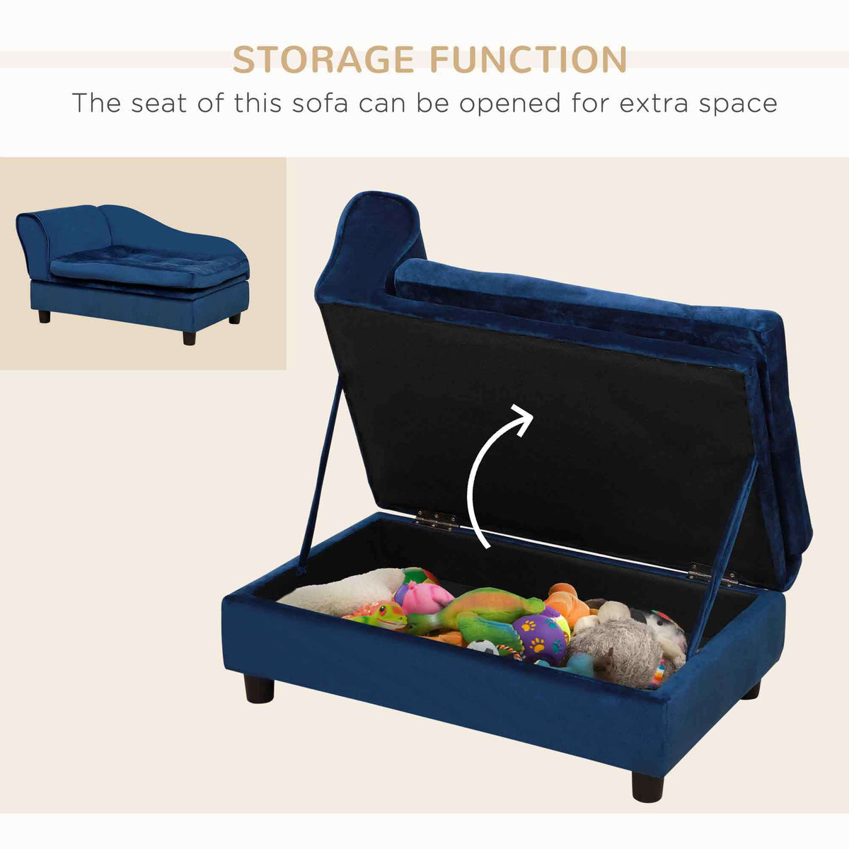 Lift-up pet sofa storage in use