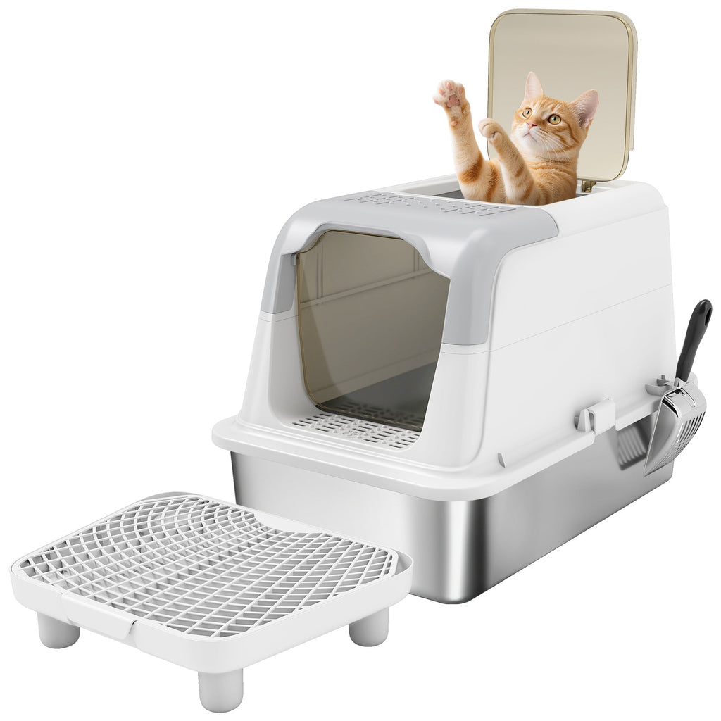 White enclosed stainless steel litter box — front entry and top exit
