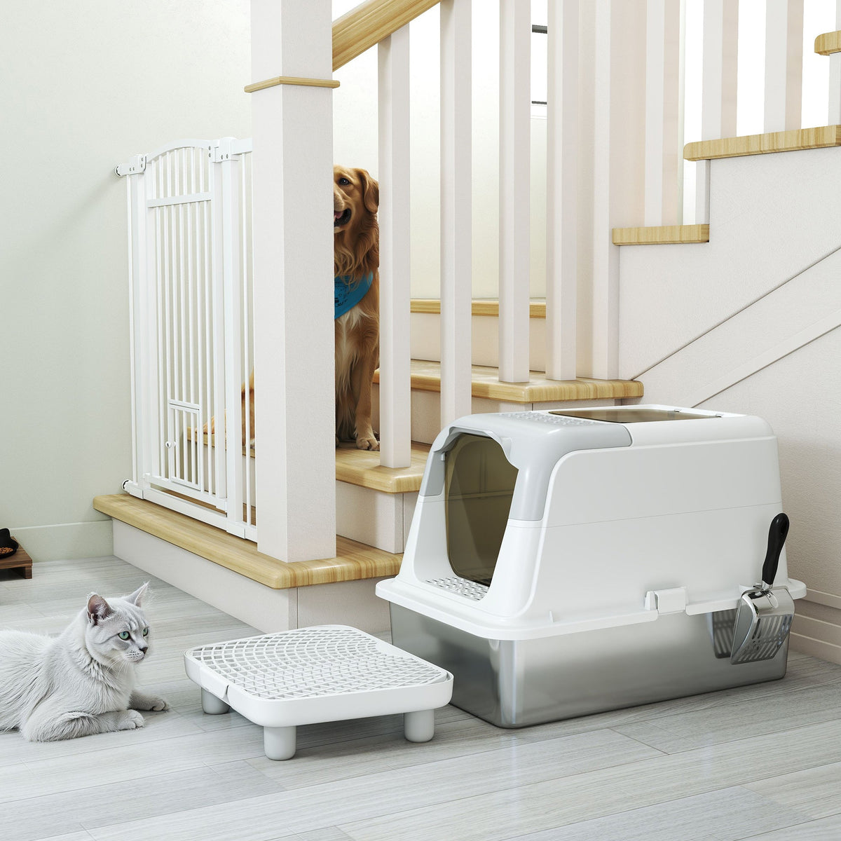 White enclosed stainless steel litter box — room placement