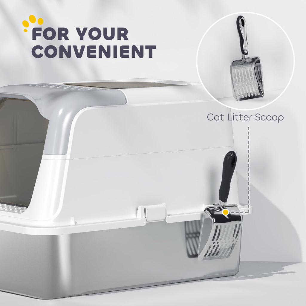 White enclosed stainless steel litter box — scoop storage