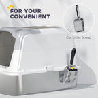White enclosed stainless steel litter box — scoop storage