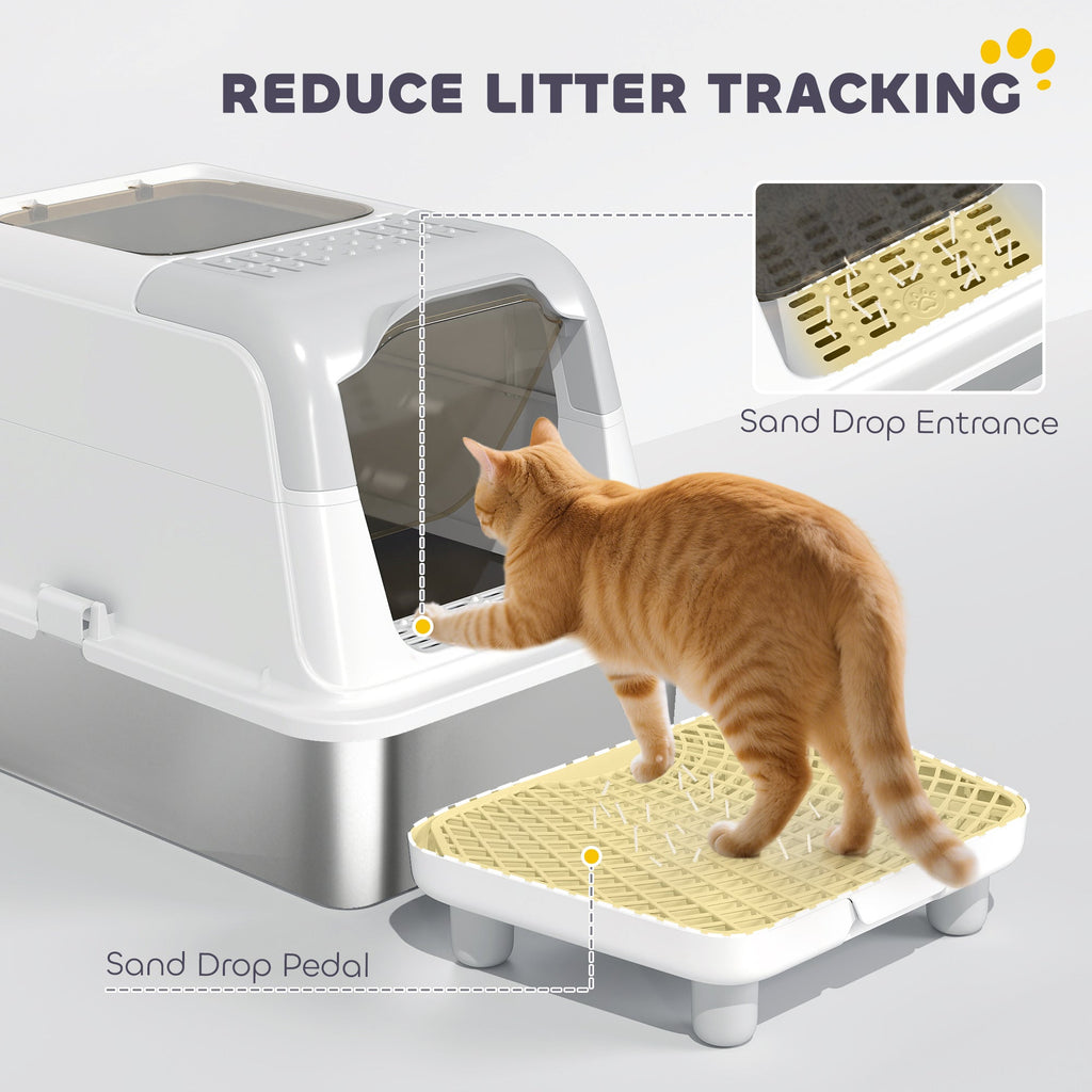 White enclosed stainless steel litter box — litter trapping step