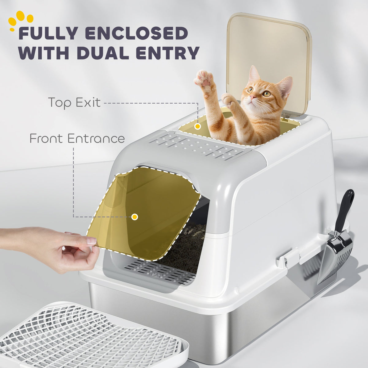 White enclosed stainless steel litter box — entry and exit diagram
