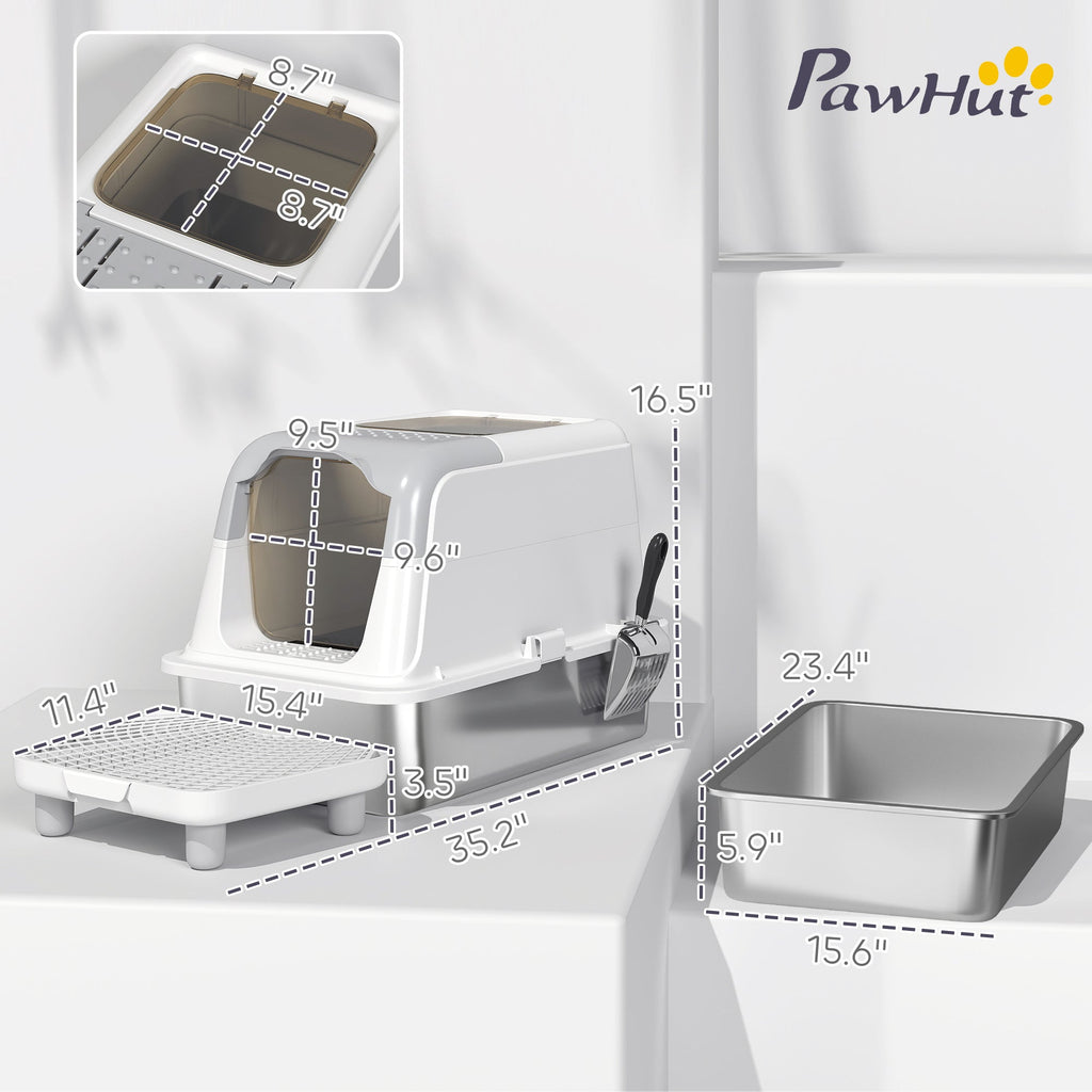 White enclosed stainless steel litter box — overall and entry dimensions