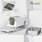 White enclosed stainless steel litter box — overall and entry dimensions