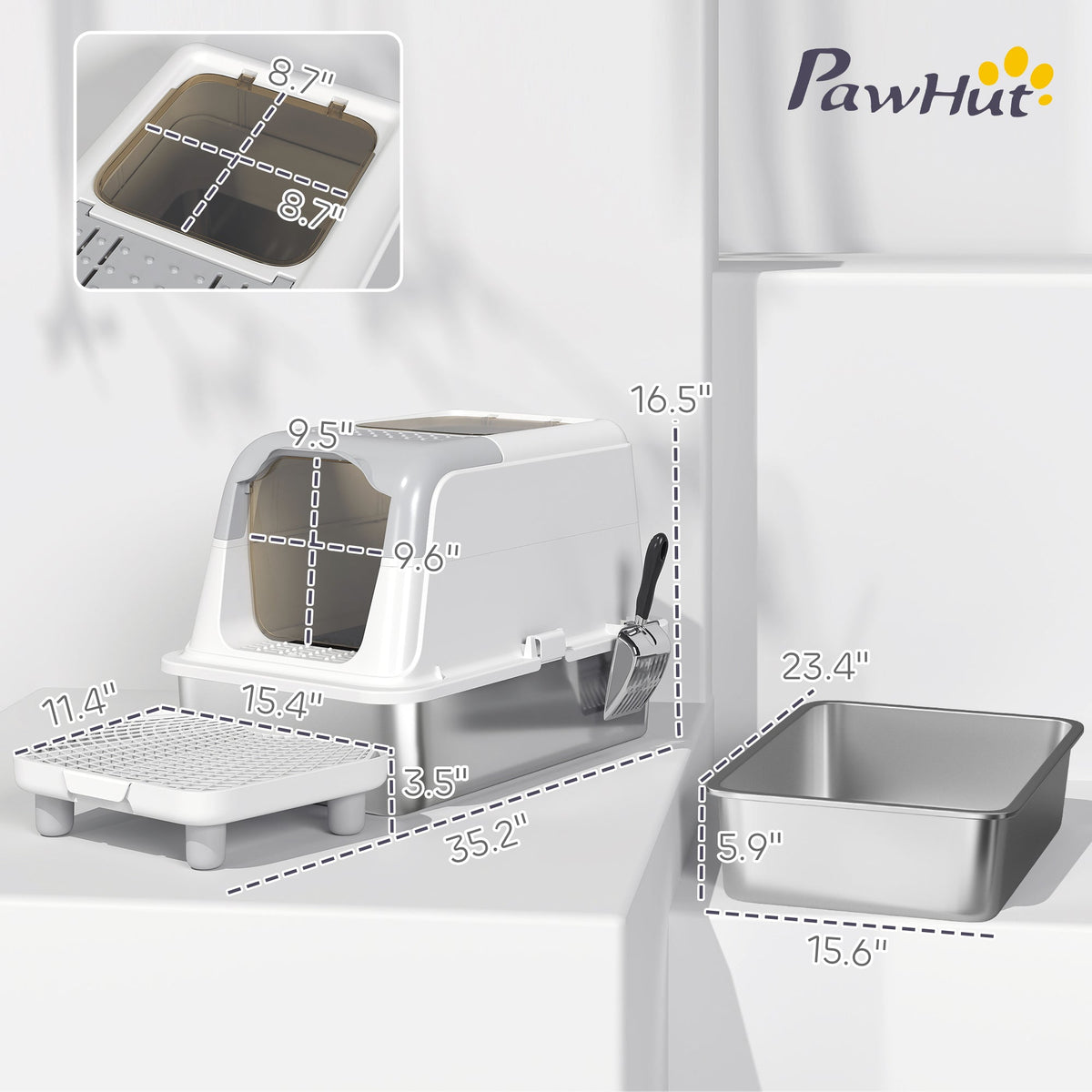 White enclosed stainless steel litter box — overall and entry dimensions