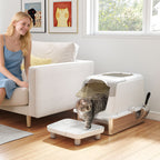 White enclosed stainless steel litter box — home placement