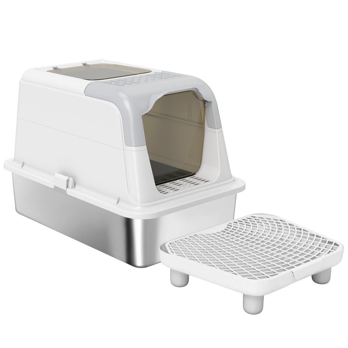 White enclosed stainless steel litter box — white product view