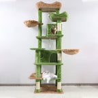 68-Inch Green Cat Tree with Hammocks — full tower beside a window
