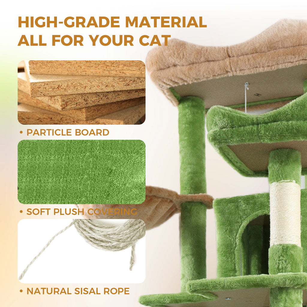 68-Inch Green Cat Tree with Hammocks — particle board, plush and sisal materials