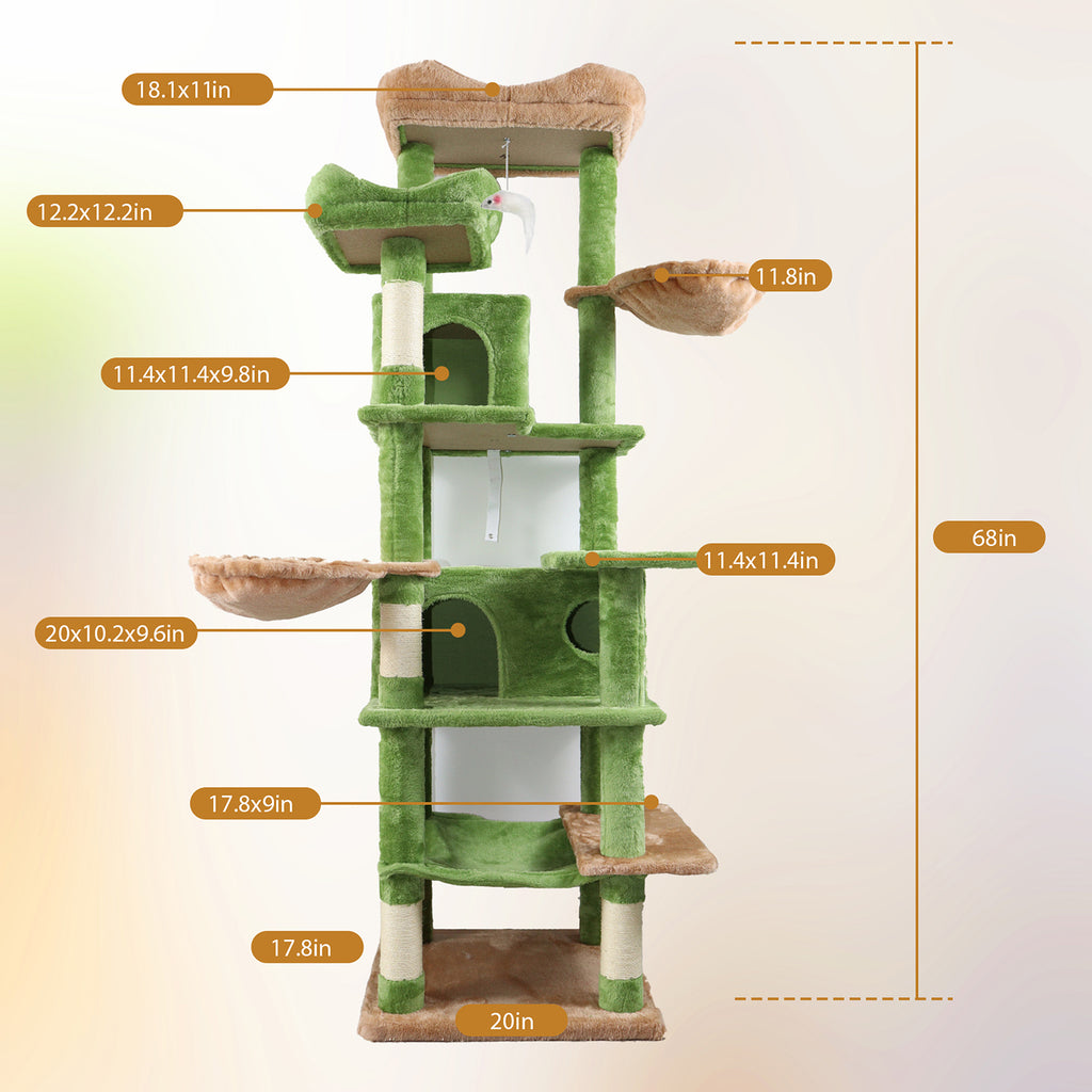 68-Inch Green Cat Tree with Hammocks — 68-inch height and platform dimensions