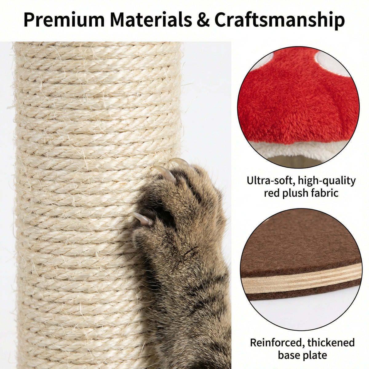 Sisal rope, plush fabric and board construction details