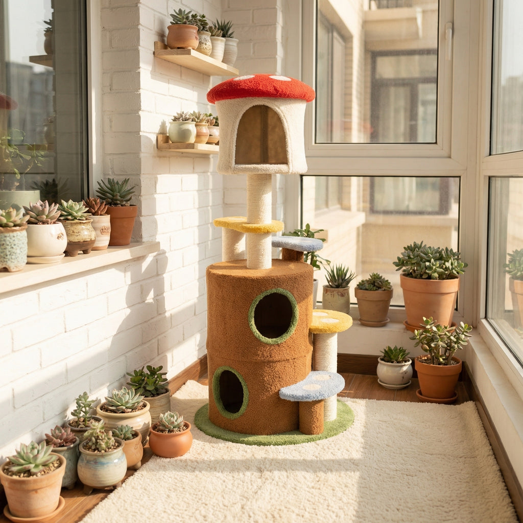 Mushroom cat tree in a bright room
