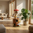 Mushroom cat tree beside a sofa