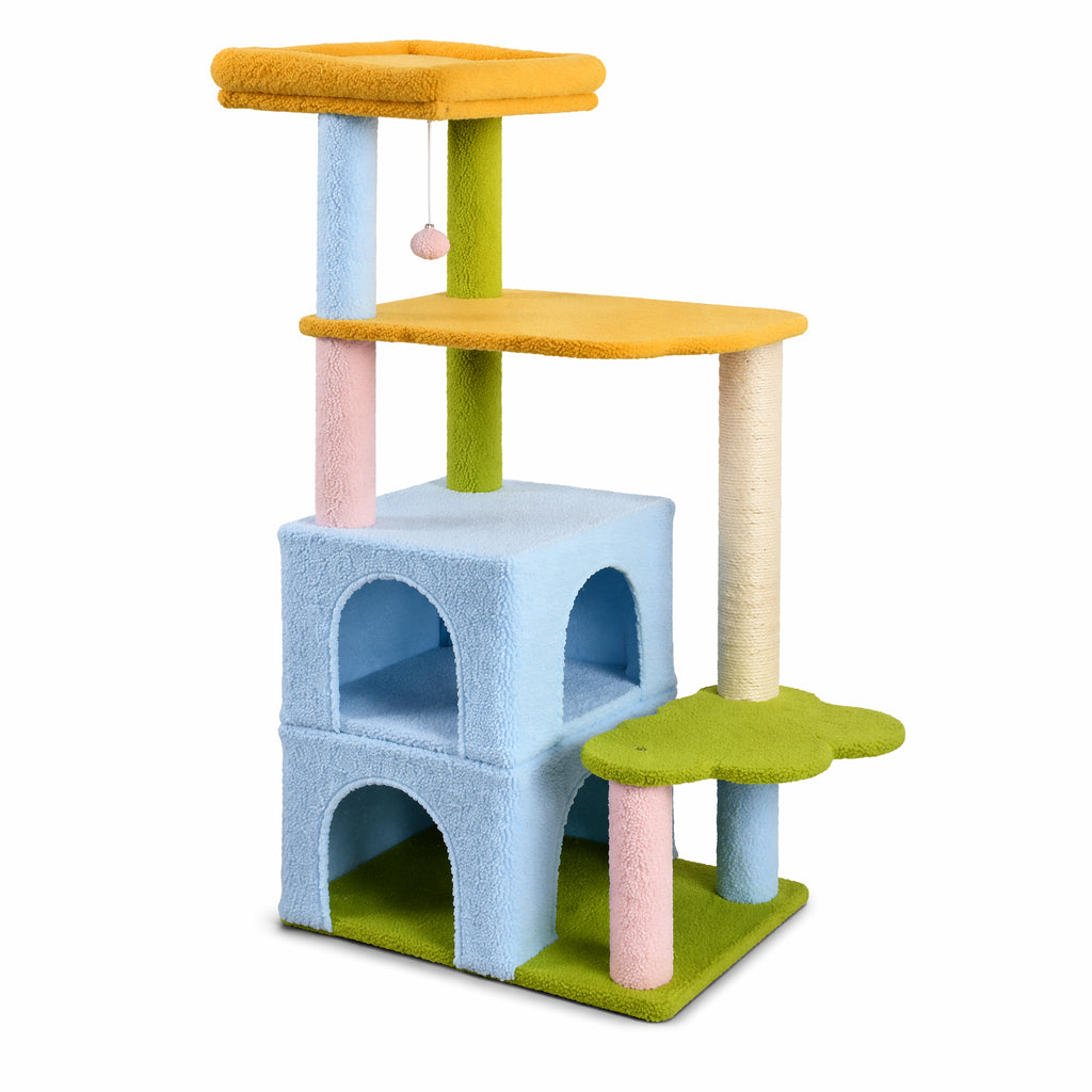 Pastel rainbow cat tree with two stacked condos
