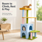 Rainbow cat tree with cat on the top perch