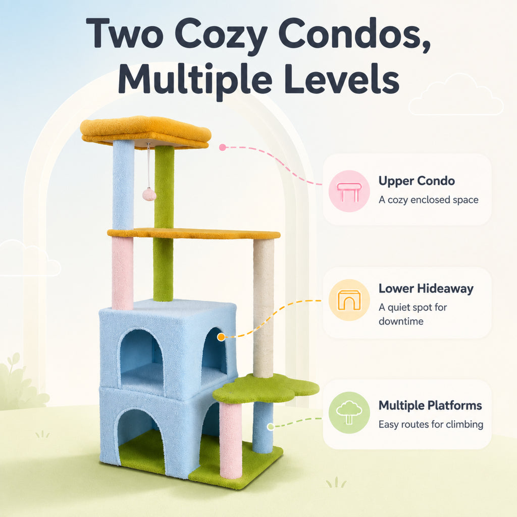 Two stacked cat condos and cloud-shaped platform