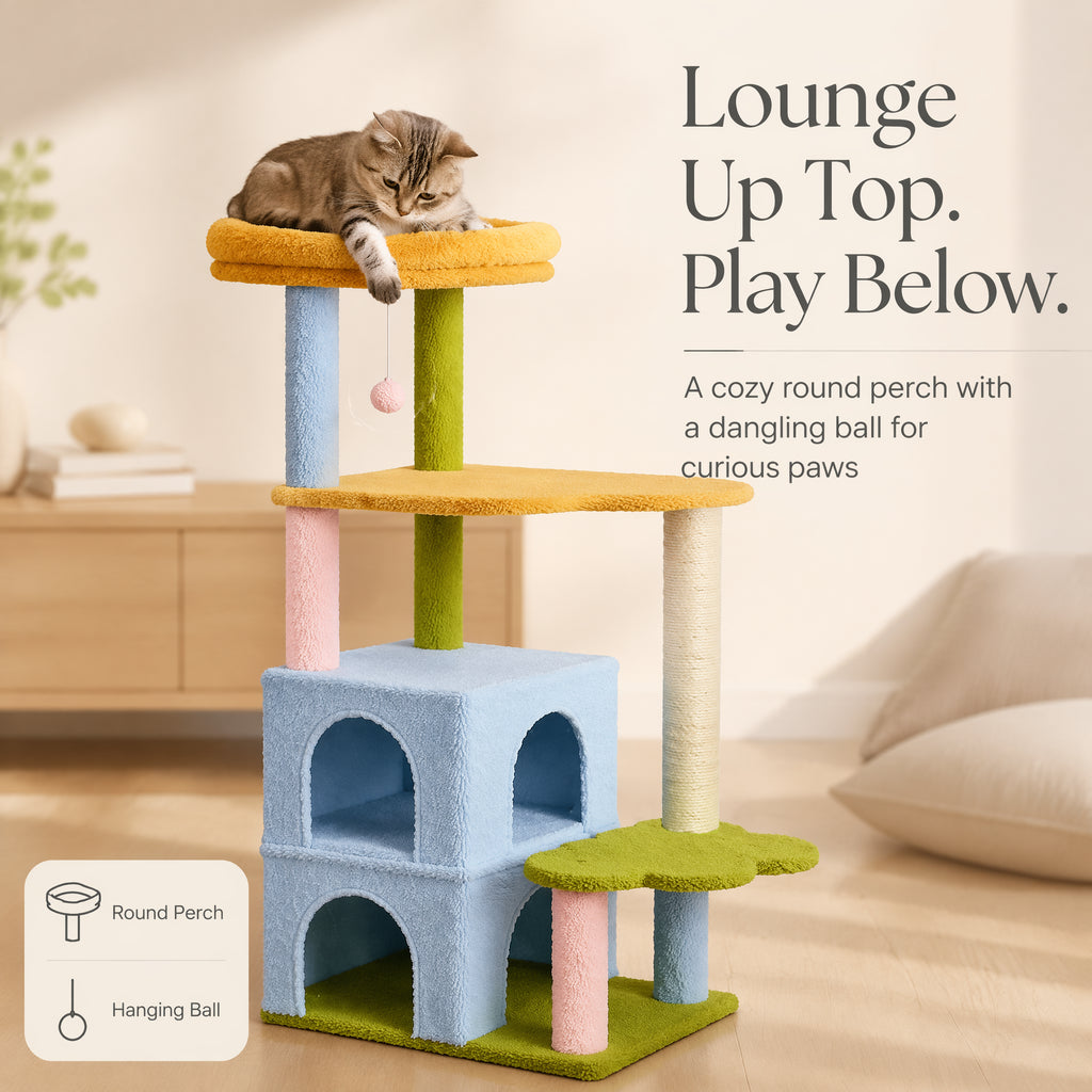 Cat lounging on the top perch