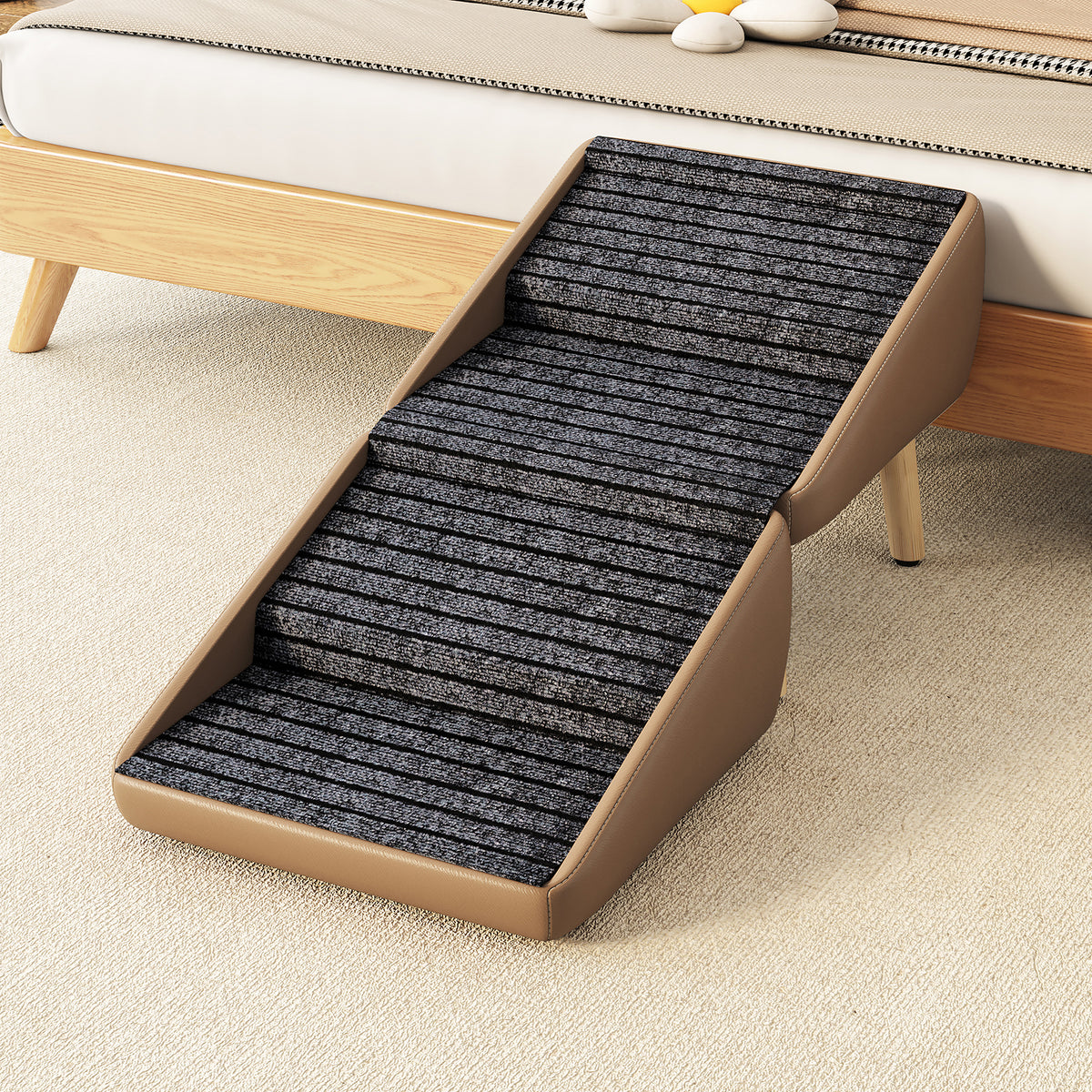 Pet stairs positioned by bed