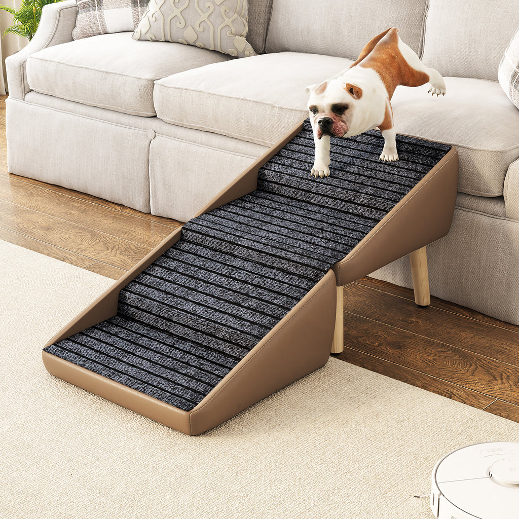 Dog approaching furniture on pet stairs