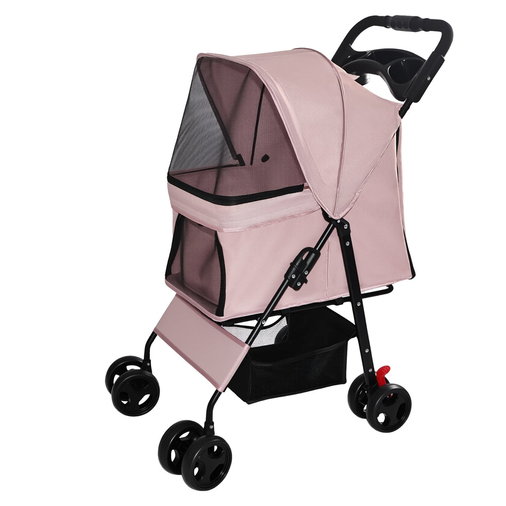 Pink folding pet stroller — three-quarter product view