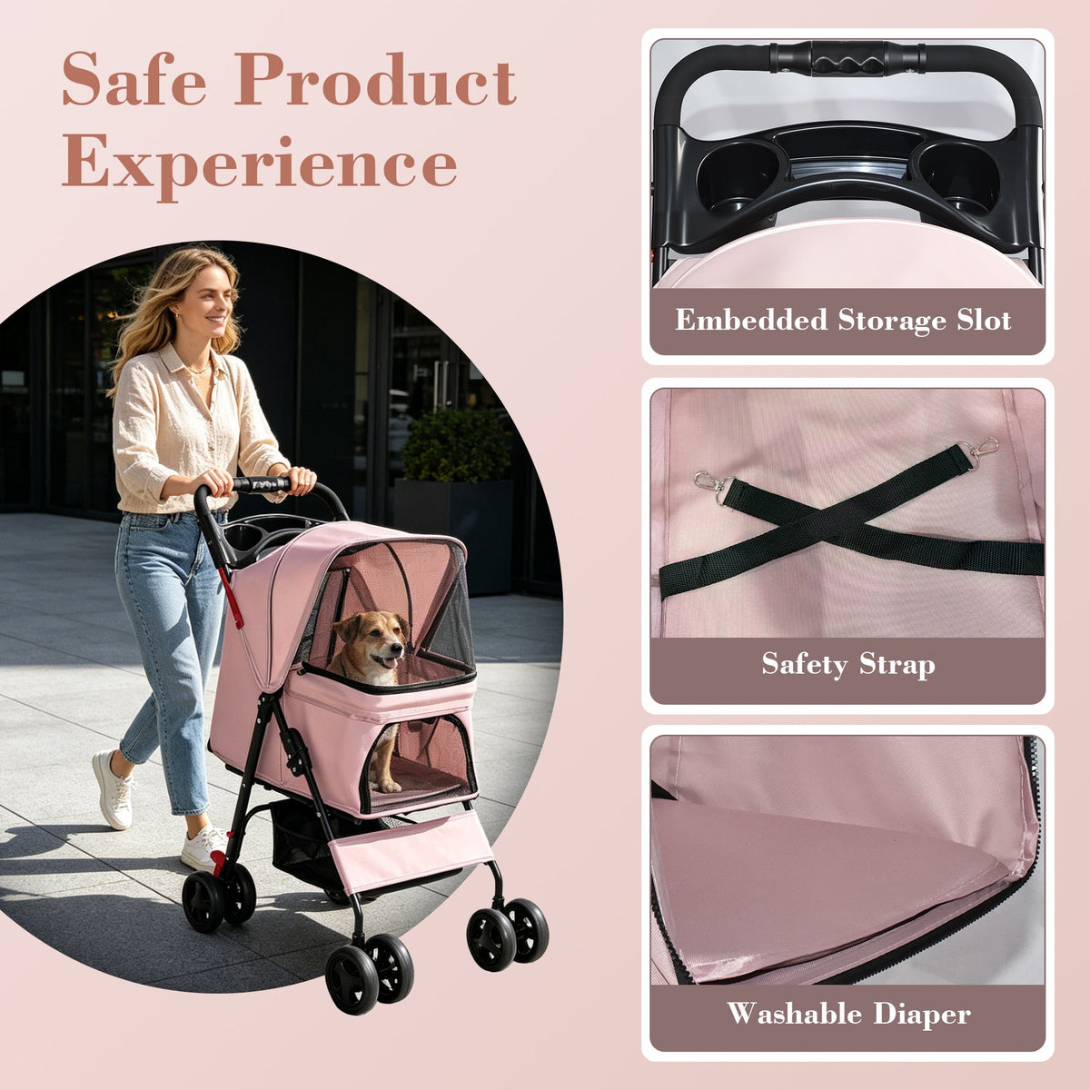 Pink folding pet stroller — tray and safety tether details
