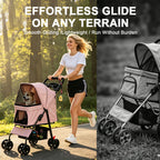 Pink folding pet stroller — wheel features