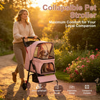 Pink folding pet stroller — outdoor use