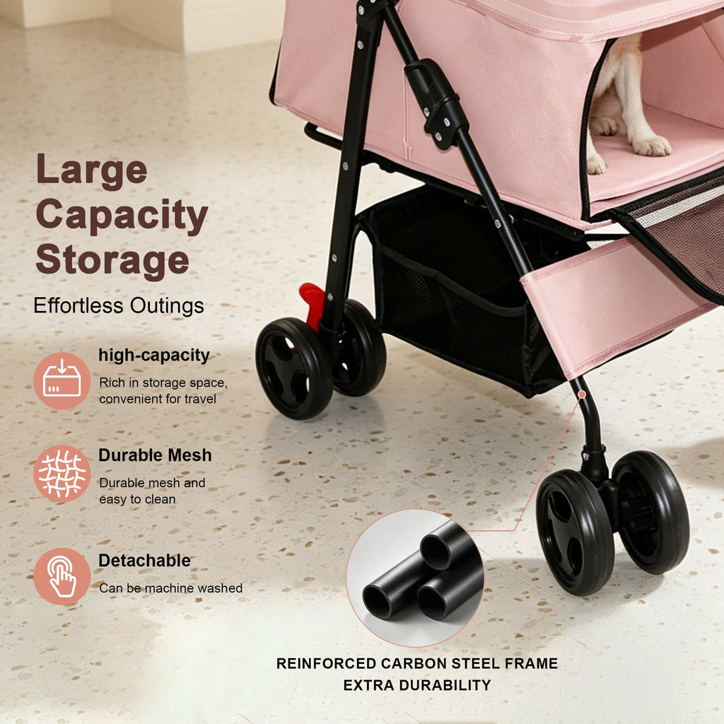 Pink folding pet stroller — storage basket and wheels