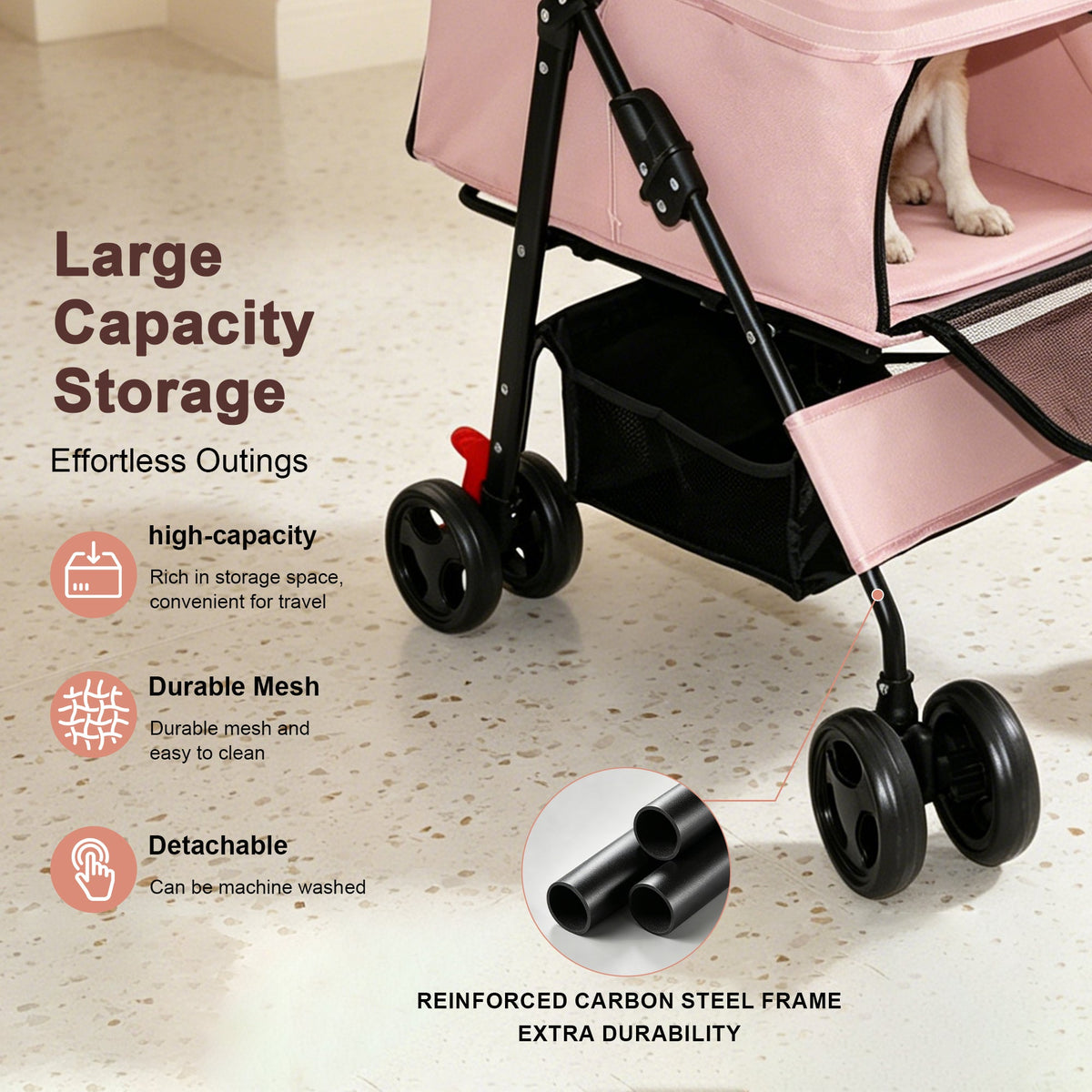 Pink folding pet stroller — storage basket and wheels