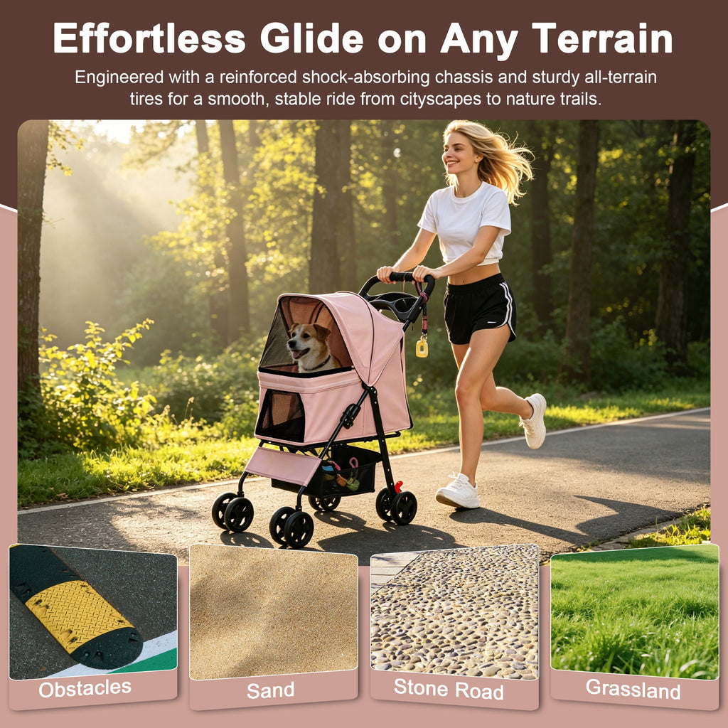 Pink folding pet stroller — wheel and terrain illustration