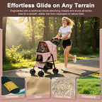 Pink folding pet stroller — wheel and terrain illustration