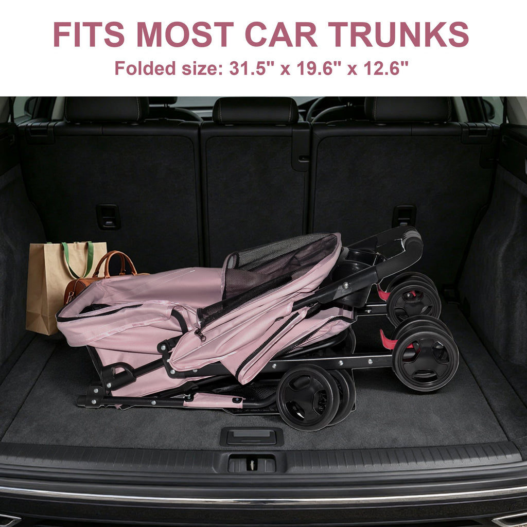 Pink folding pet stroller — folded dimensions