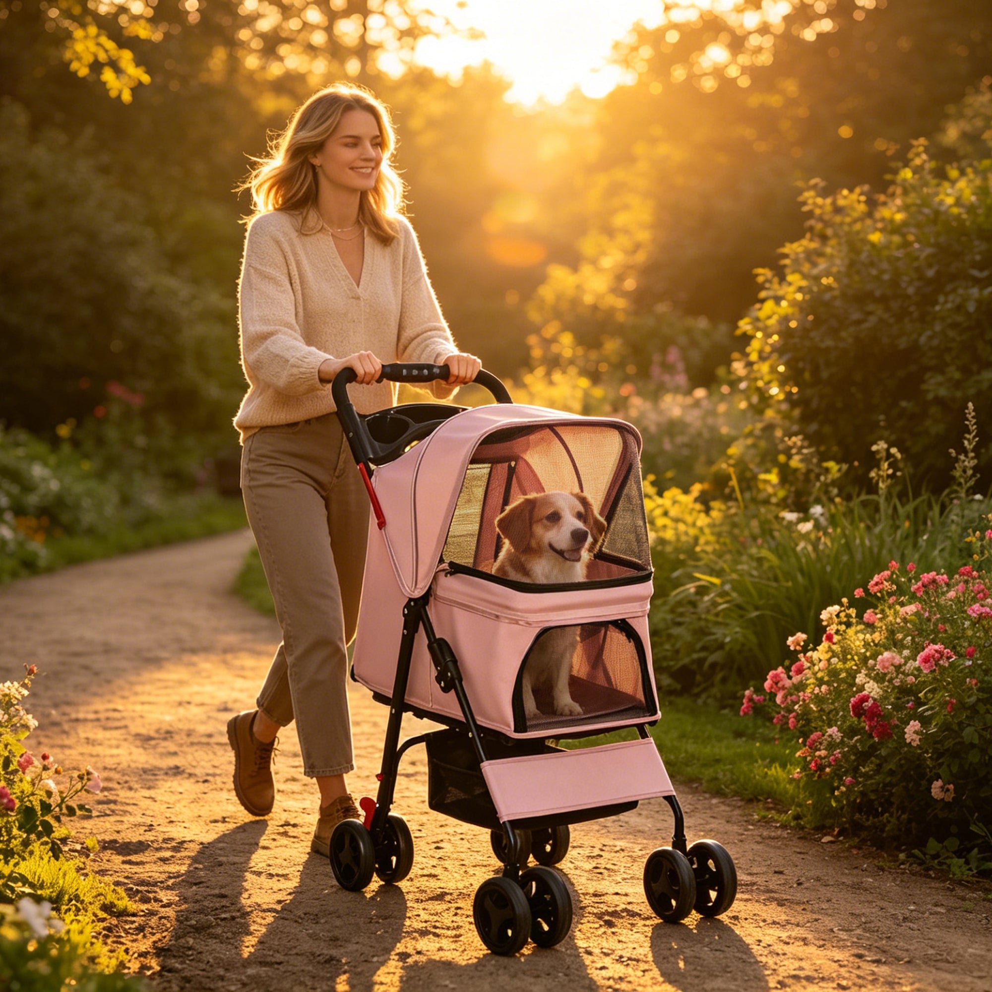 Pink Folding Pet Stroller with Storage Basket W2699P504457 Secondary image