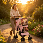 Pink folding pet stroller — stroller outdoors