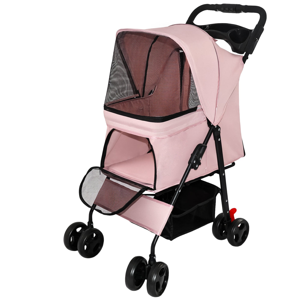 Pink folding pet stroller — front entry opening