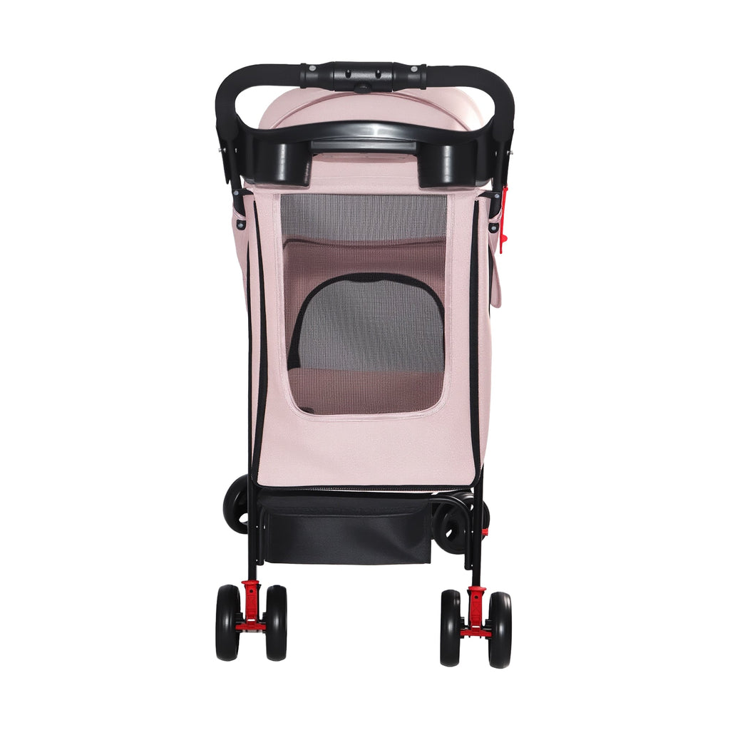 Pink folding pet stroller — rear view