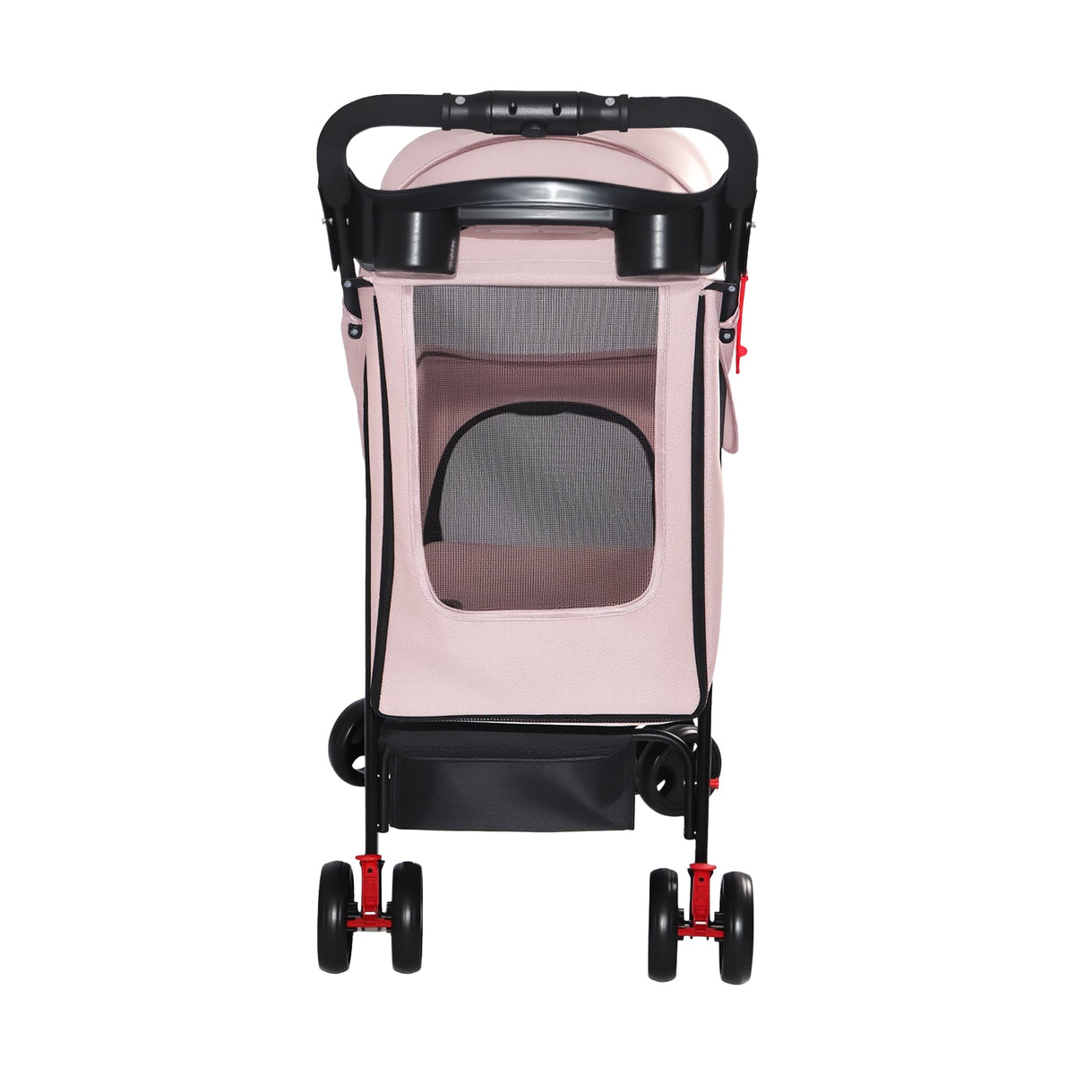 Pink folding pet stroller — rear view