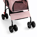 Pink folding pet stroller — mesh canopy and footrest