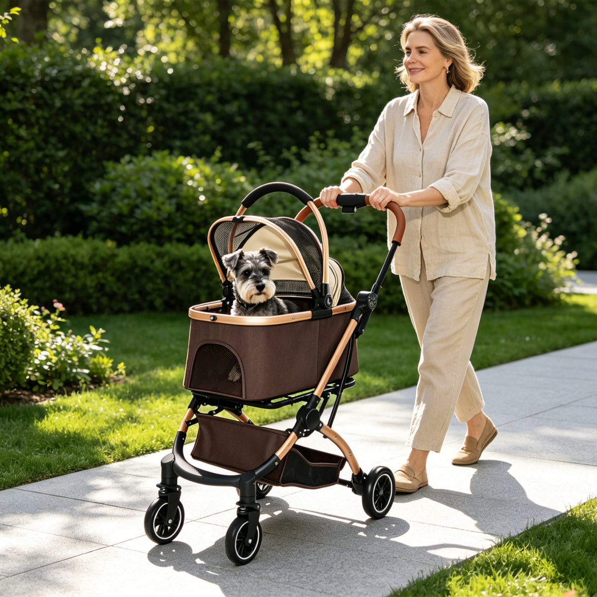 2-in-1 Folding Pet Stroller Khaki — outdoor walking scene Main image