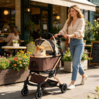 2-in-1 Folding Pet Stroller Khaki — stroller outside a shop