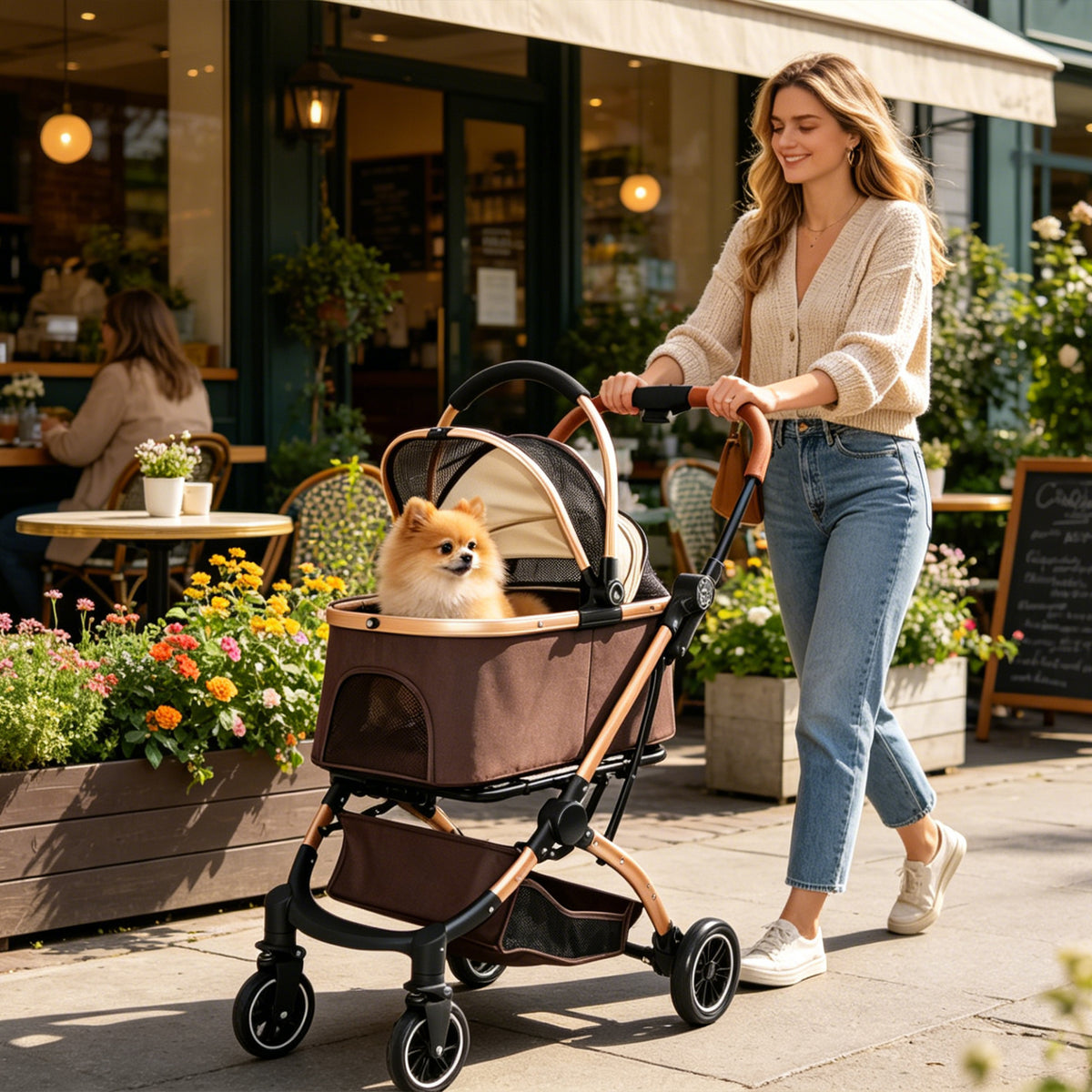 2-in-1 Folding Pet Stroller Khaki — stroller outside a shop