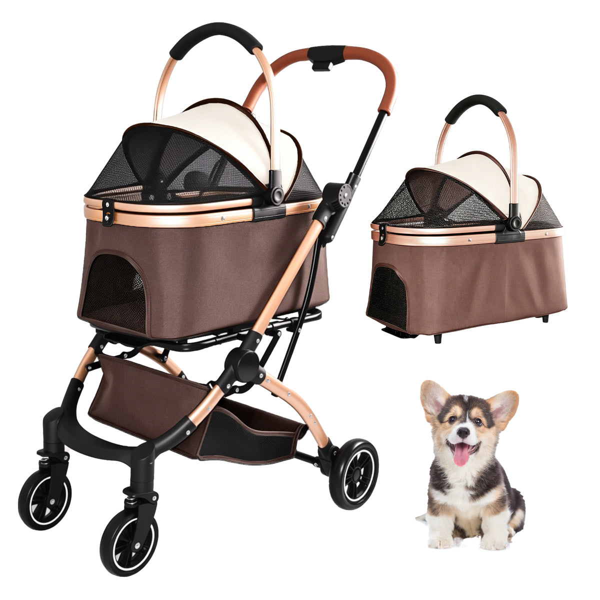2-in-1 Folding Pet Stroller Khaki — stroller with detachable carrier