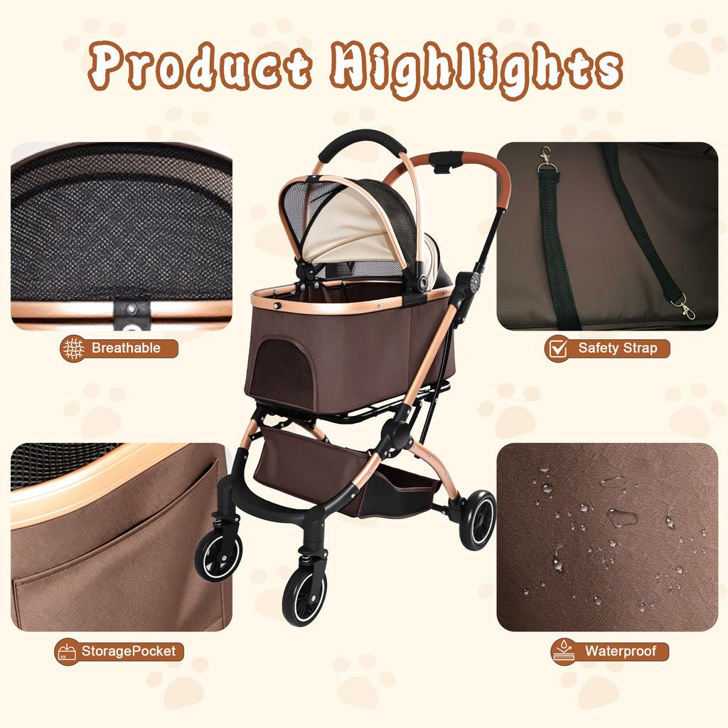 2-in-1 Folding Pet Stroller Khaki — mesh canopy and storage pocket